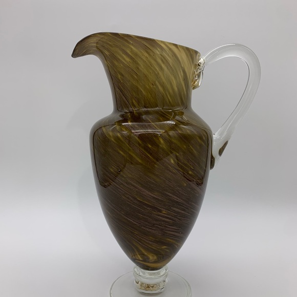 Vtg. Smokey Ornate Gold Glitter Accent Swirl Art Glass Pitcher Vase With Handle - Picture 6 of 14
